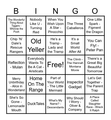 Disney Hits! Bingo Card