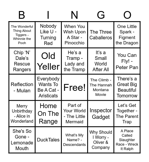 Disney Hits! Bingo Card