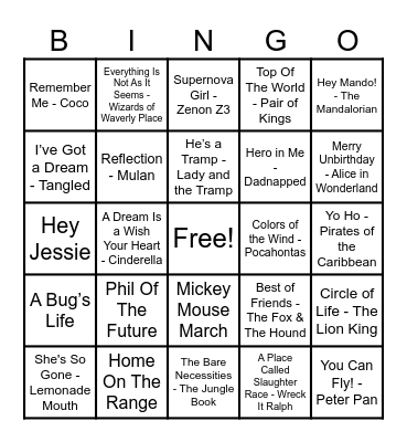 Disney Hits! Bingo Card