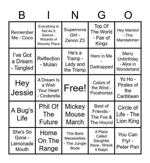 Disney Hits! Bingo Card