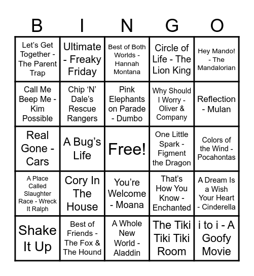 Disney Hits! Bingo Card