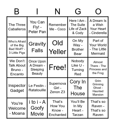 Disney Hits! Bingo Card