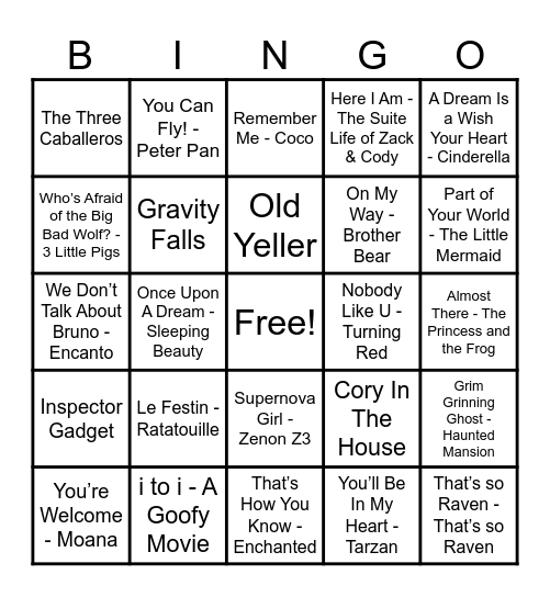 Disney Hits! Bingo Card