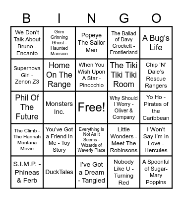 Disney Hits! Bingo Card