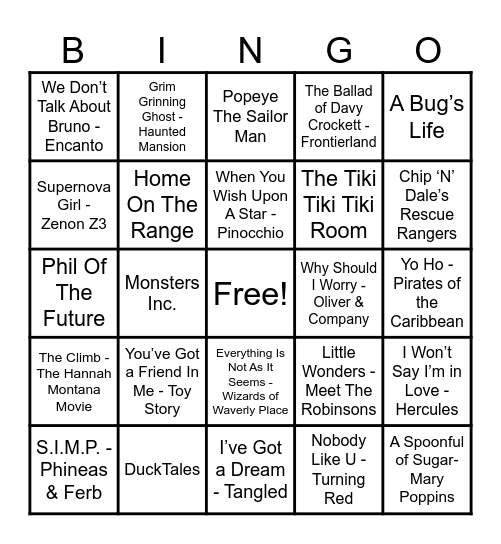 Disney Hits! Bingo Card