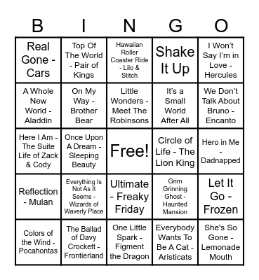 Disney Hits! Bingo Card