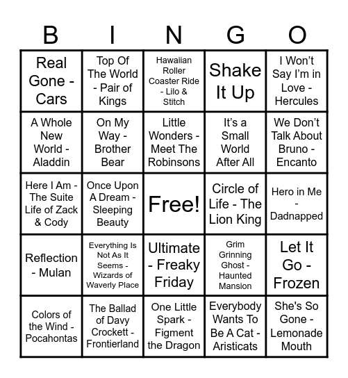 Disney Hits! Bingo Card