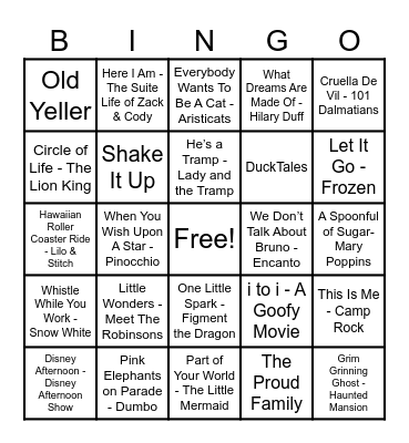 Disney Hits! Bingo Card