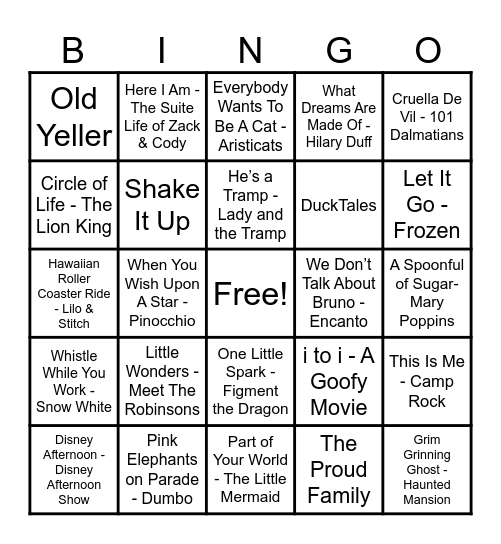 Disney Hits! Bingo Card