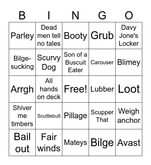 Talk Like a Pirate Day Bingo Card