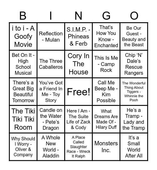 Disney Hits! Bingo Card