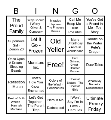 Disney Hits! Bingo Card