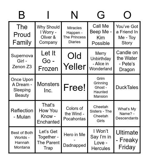 Disney Hits! Bingo Card