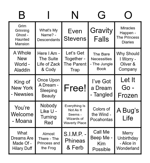 Disney Hits! Bingo Card