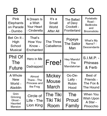 Disney Hits! Bingo Card