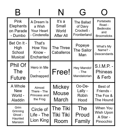 Disney Hits! Bingo Card