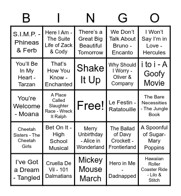 Disney Hits! Bingo Card