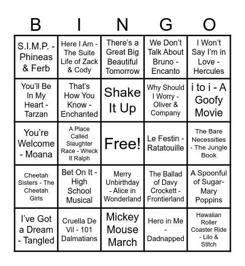 Disney Hits! Bingo Card