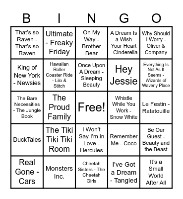 Disney Hits! Bingo Card