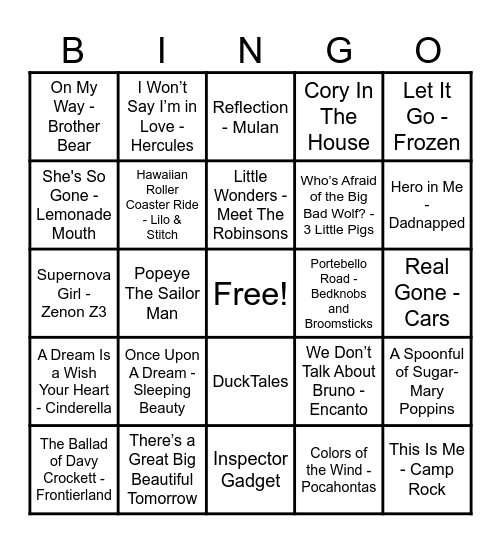 Disney Hits! Bingo Card