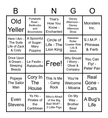 Disney Hits! Bingo Card