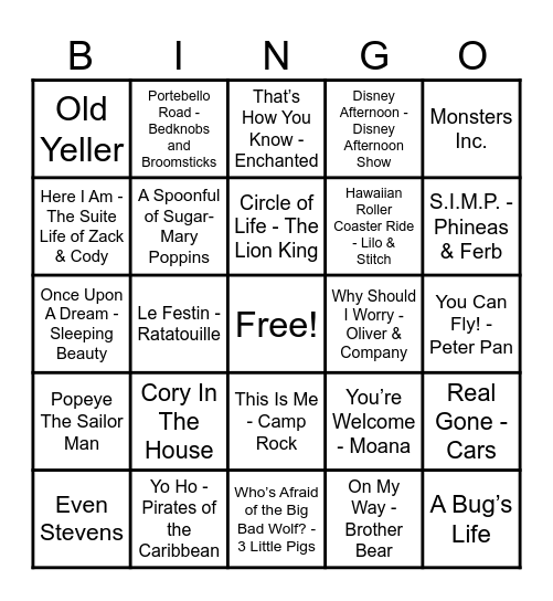 Disney Hits! Bingo Card