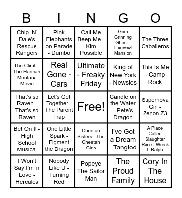 Disney Hits! Bingo Card