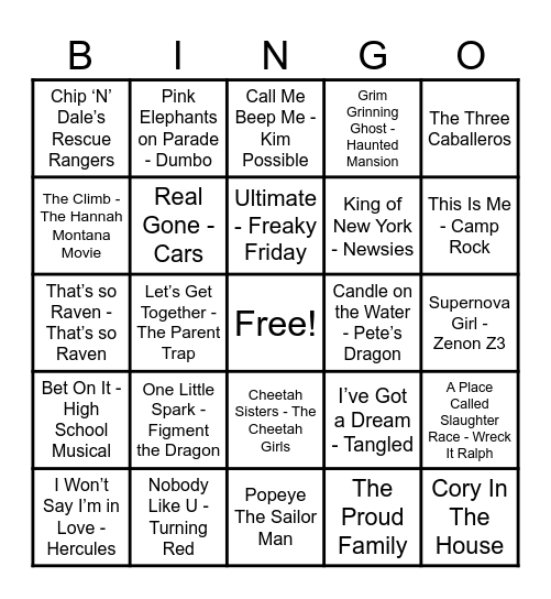 Disney Hits! Bingo Card