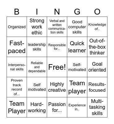 Resume Words Bingo Card