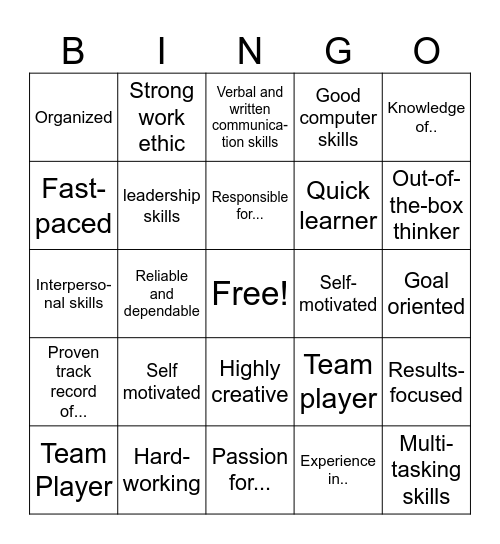 Resume Words Bingo Card