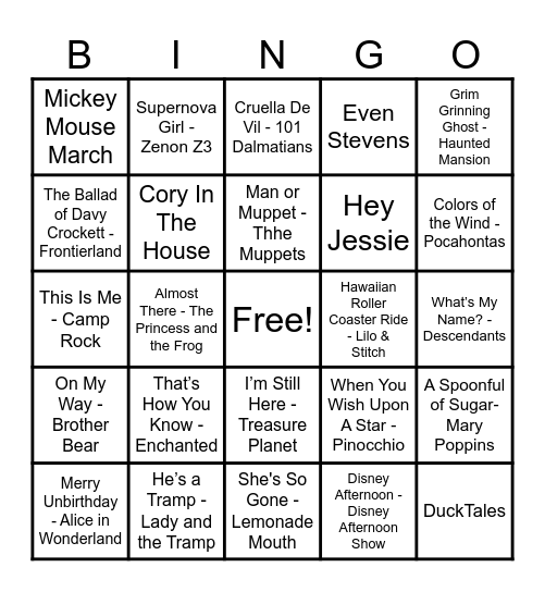 Disney Hits! Bingo Card