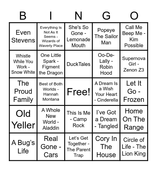 Disney Hits! Bingo Card