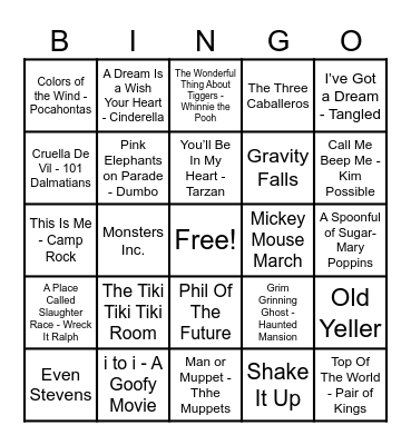Disney Hits! Bingo Card