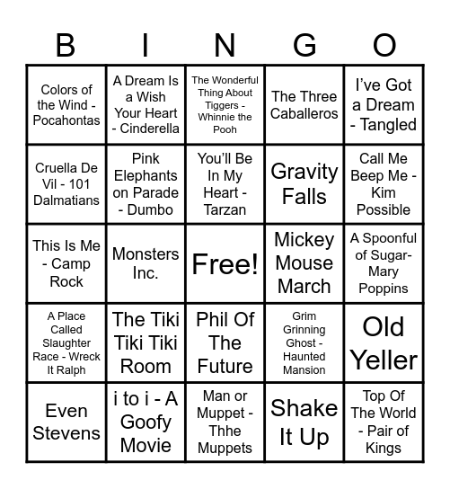 Disney Hits! Bingo Card