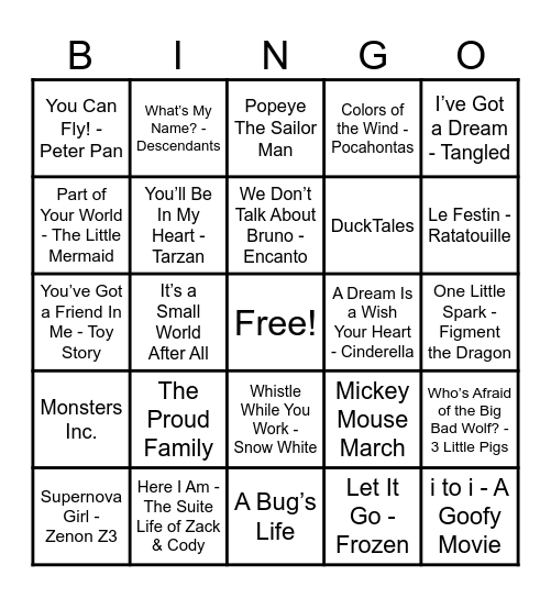 Disney Hits! Bingo Card