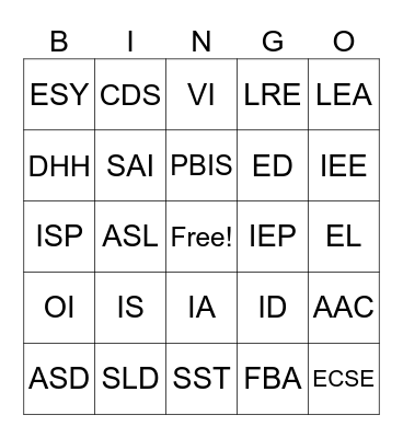 SPED BINGO Card