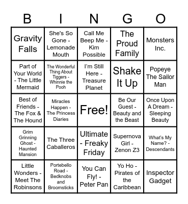 Disney Hits! Bingo Card