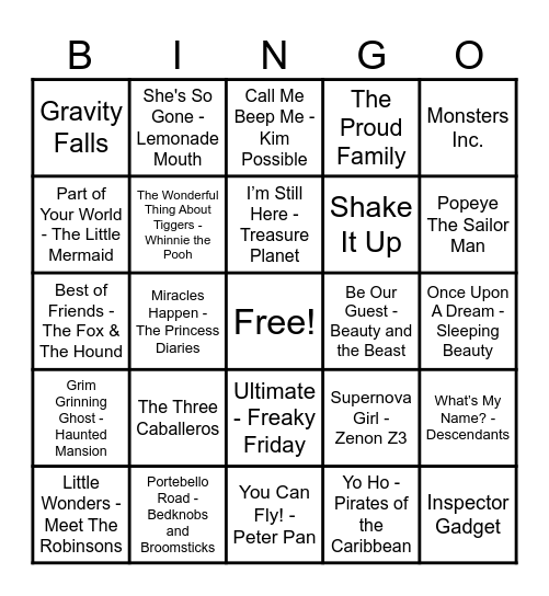 Disney Hits! Bingo Card