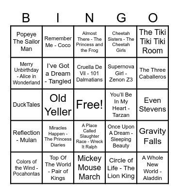 Disney Hits! Bingo Card