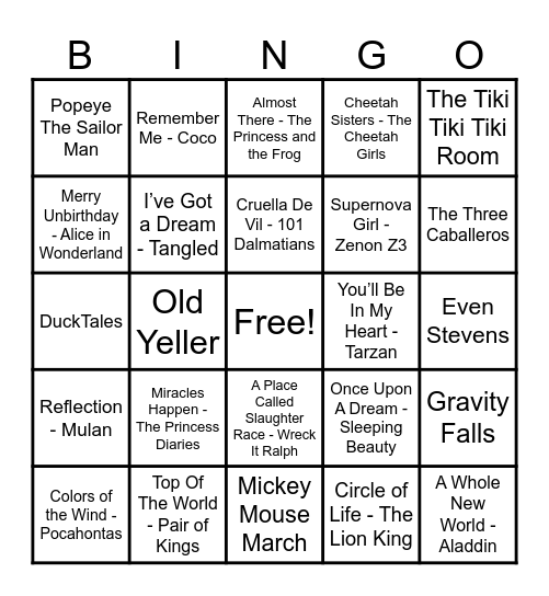 Disney Hits! Bingo Card