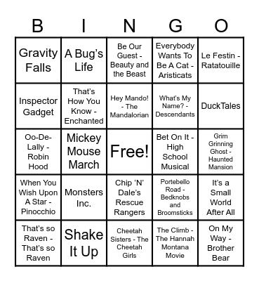 Disney Hits! Bingo Card
