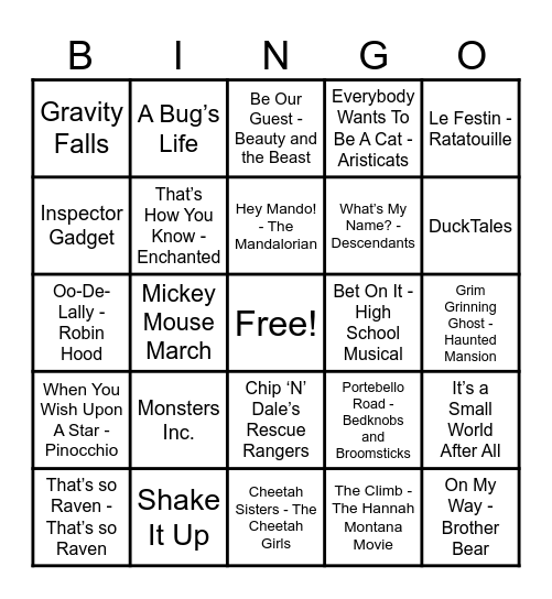Disney Hits! Bingo Card