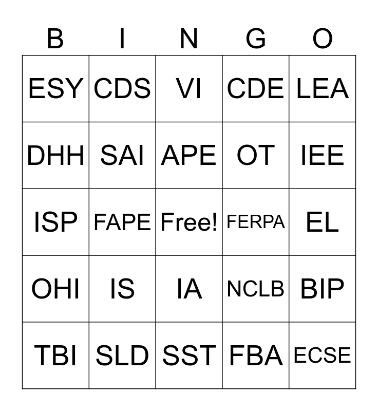 SPED BINGO Card