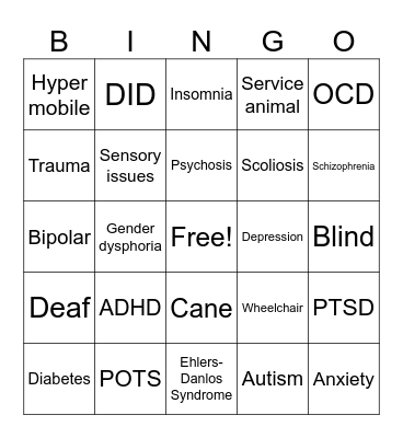 Disability Bingo Card