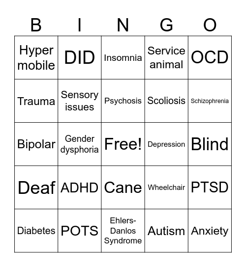 Disability Bingo Card