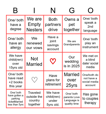 Couples Bingo Card