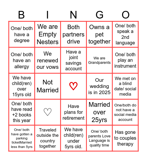 Couples Bingo Card