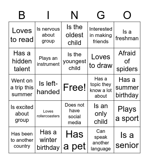 Getting to Know You Bingo Card