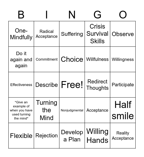 Reality Acceptance Bingo Card