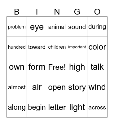Sight Words Bingo Card